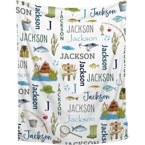 Personalized Gone Fishing Blanket with Name, Customized Fishing Blanket for Kid, Infant, Toddler, Soft Plush Baby Newborn Registry Gift, Room Decor 30''x40''