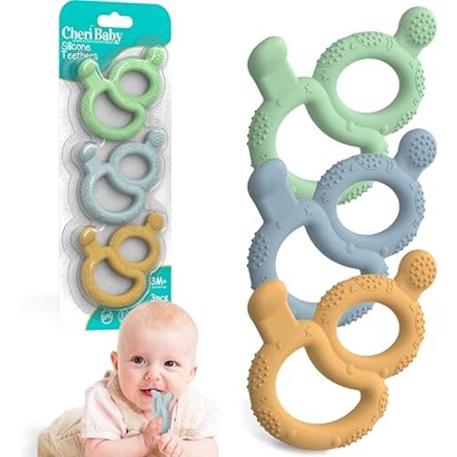 3 Pack Baby Teething Toys for Babies 3-6 Months, Silicone Teething Ring Toys for Babies 6-12 Months, BPA Free Soft and Dual Textured Nipple Teether Relief Soothing Sore Gums Chew Infant Sensory Toys