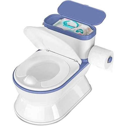 2-in-1 Toddler Potty Training Toilet - Larger Potty Chair & Detachable Training Seat for Boys & Girls Ages 1-3 with Flushing Sound, Wipes Storage, Toilet Paper Holder - Blue