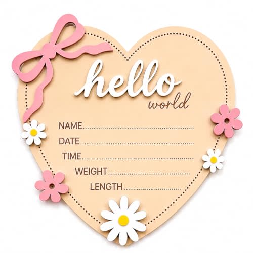 Hello World Wooden Baby Birth Announcement Sign with Pink Bow, Heart Shape Floral Newborn