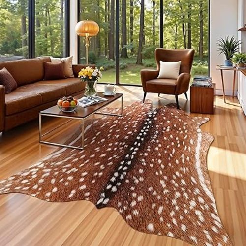 Premium Deer Print Rug, Faux Animal Hide Rugs, Non-Slip 4.6x5.2 Ft