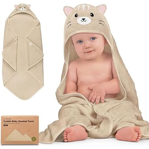 KeaBabies Hooded Baby Towel for Newborn - Viscose Derived from Bamboo Large Baby Bath Towels with Hood for Boys, Girls, Toddler, Extra Absorbent & Soft Newborn Bath Essentials (Cat, Petite)