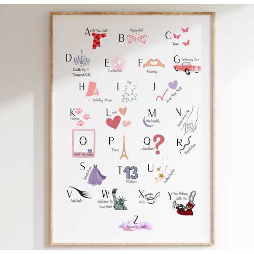 Swift ABCs, Alphabet Nursery Print, Taylor Themed PlayRoom Poster, Taylor Baby Shower Gift Idea, Swift Classroom Decor, Taylor Poster