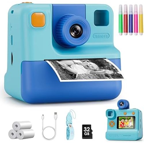 Kids Camera Instant Print, Christmas Birthday Gifts for Girl Boys 3-12 Years Old, FHD Selfie Digital Video Cameras Toddler 3 Rolls Print Paper & 32G Card (Blue)