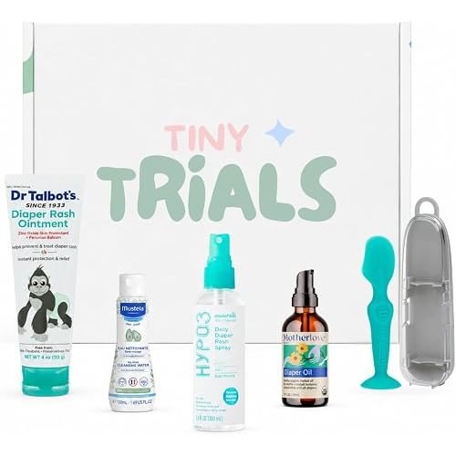 Diaper Rash Cream Variety Pack – 4 Trusted Brands + Silicone Applicator Brush – Mustela, Dr. Talbot's, Munchkin, Motherlove – Tiny Trials Discovery Box Trial Kit for Baby Shower