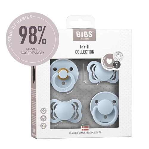 BIBS Try-It Collection | 4-Pack Soothers | BPA-Free Round, Anatomical & Symmetrical Nipple | Natural Rubber Latex/Silicone | Made in Denmark | 0-6 Months | Baby Blue