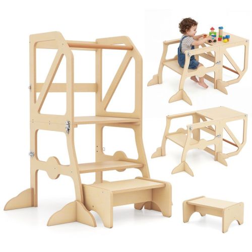 Costway 2 in 1 Toddler Tower w/Removable Safety Bar for Children 3+ Years Old Natural