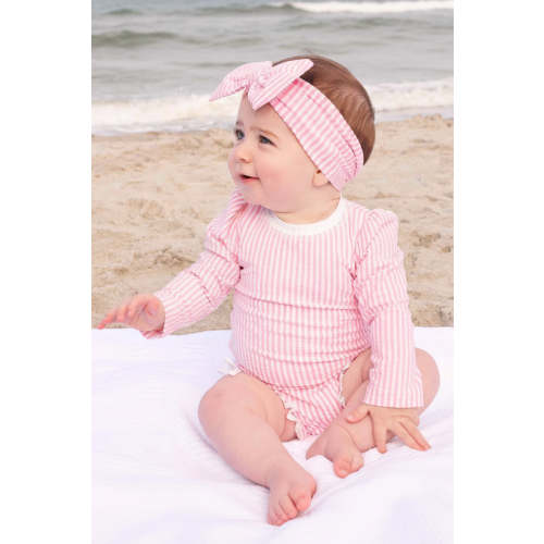 Long Sleeve Rash Guard with Ruffle Bottom | Seersucker Dusty Pink