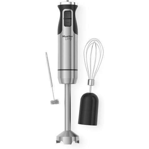MuellerLiving Ultra-Stick Immersion Hand Blender, 500W Heavy Duty Motor, 8-Speed Turbo Setting, Includes Blending Shaft, Whisk, Milk Frother & Measuring Beaker