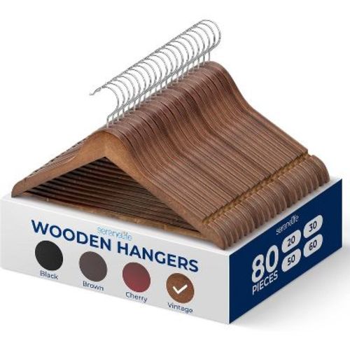 SereneLife 80 Solid Wooden Hangers – Heavy Duty Closet Organizer Vintage Natural Finish - SLHWDVINT80