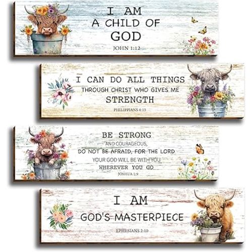 4 Pieces Highland Cow Christian Wall Art I Am a Child of God Wooden Hanging Sign Rustic Farmhouse Bible Verse Wall Art for Bedroom Home Office Decor Baptism Gifts Room Highland Cow Decorations