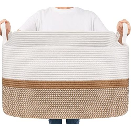 Goodpick Large Woven Blanket Basket 21.6" x 14.9" x 11.8" Storage Baskets for Organizing, Cotton Rope Basket for Home Decor Living Room Nursery, Toy Baskets Storage Kids, White & Camel Mix