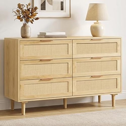 LAZZO 6 Drawer Dresser for Bedroom Dresser for Closet Rattan Chest of Drawers Mid Century Modern TV Stand with Golden Handles for Closet, Living Room and Apartment (Natural Wood)