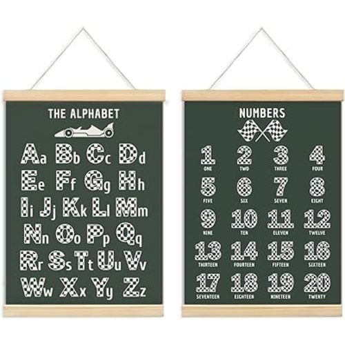 ULEGIE Alphabet Race Car Room Decor for Boys Wall Poster, Educational Posters For Preschoolers, Kids Playroom Art Prints Boys Race Car Poster Nursery Artwork Set of 2 for Bedroom, 12 x 16 Inch Green