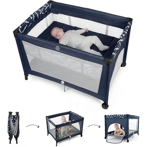 Babilous Pack and Play, Baby Bassinet with Wheels, Foldable Baby Playard for Travel, Easy Carry Bedside Bassinet, Mini Pack n Play with Comfortable Mattress & Compact Space Saving Design, Blue