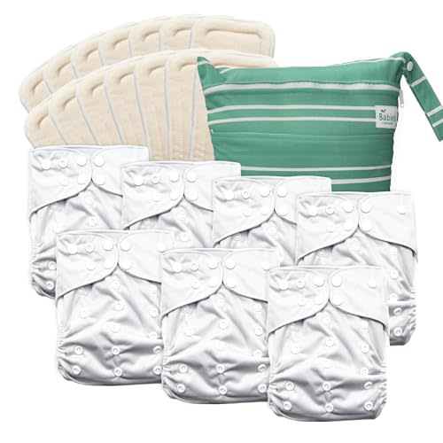 Babies Beginning 7-Pack Reusable Cloth Diapers with AWJ Interior – Includes 14 Absorbent Inserts and 1 Wet Bag – Adjustable, Waterproof, and Washable (Bright Beginnings, Cotton Inserts)