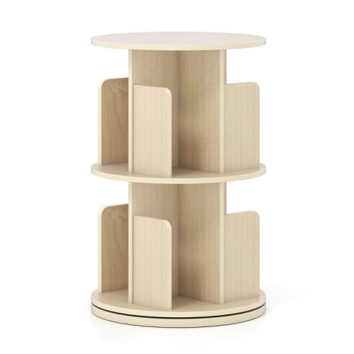 Costway 1 PCS 2-Tier Rotating Bookshelf 360° Display Rack with Dividers & Anti-falling Baffles Natural