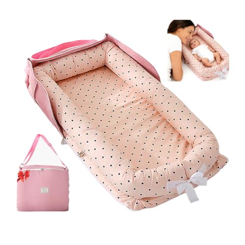 Baby Lounger for Newborn Portable Bag,Baby Nest Play Gym mat with Strap,Newborn Lounger Adjustable Size & Inner Zipper Lengthen Space to 24 Months(Pink Polka Dots)