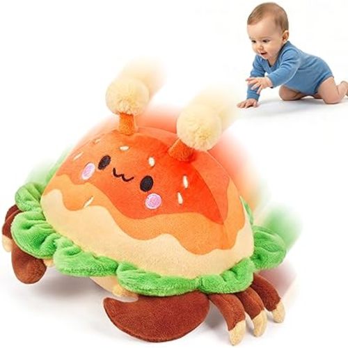 JoyCat Baby Toys 0-18 Months, Musical Crawling Crab Plush Toy - 38 Songs & Recording Feature, Bouncing Tummy Time Toy, Sensory Toys with Crinkle & Textures for Newborn Boys Girl Shower Gifts