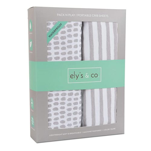 Ely's & Co. Patent Pending Waterproof Pack N Play | Mini Portable Crib Sheet with Mattress Pad Cover Protection I Neutral Taupe Grey Baby Girl and Boy
