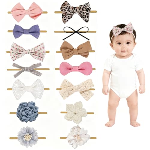 14 Pcs Baby Girl Headband Bows Soft Nylon Hairbands With Hair Bows Elastics Linen Handmade Toddler Hair Accessories For Girls Newborns Infants And Kids. (Flower Bows, Mid)