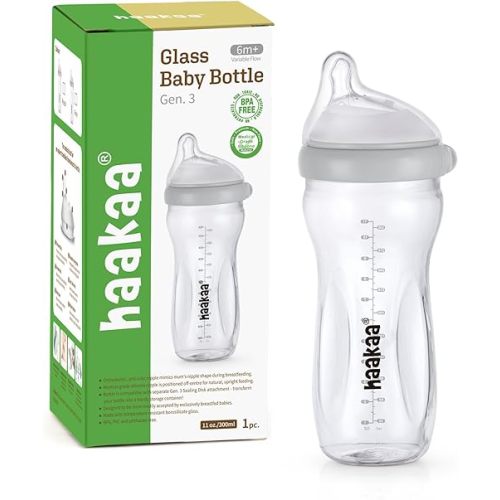 haakaa Gen.3 Natural Glass Baby Bottle 11oz - Wide Neck Anti-Colic Variable Flow Nipple,Easy to Clean & Latch for Newborn 0m+ 6m+ Breastfed Baby Toddler,BPA-Free - Grey