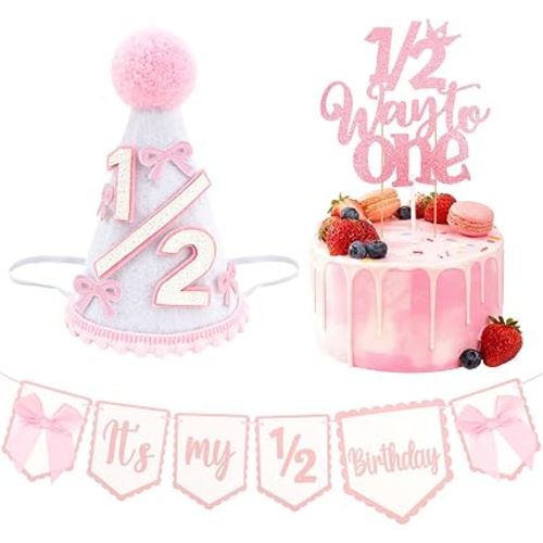 Atoden 1/2 Birthday Hat Banner Cake Topper Half Way to One 6 Months Princess Crown Headband Tiara Bow Birthday Party Decorations for Girl Outfit Cake Smash Photo Props Gifts (Pink)