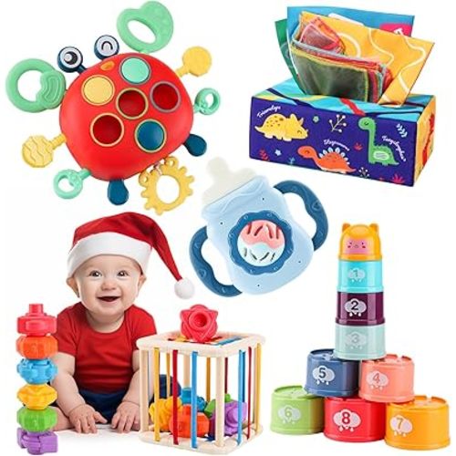 Montessori Baby Toy for 18 Months, Teether Rattle Tissue Box Pull String Crab Toy, Infant Sensory Toys Shape Storage Bin,Stacking Cup Toy Gift for Toddlers Boys Girls 1 2 3 Year Old