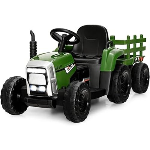 Costzon Ride on Tractor with Detachable Trailer, Kids' Electric Vehicles w/3-Gear-Shift Ground Loader, Wireless Design & USB, 7 LED Headlights, Remote Control Tractor Toy for Kids 3+ (12V, Dark Green)