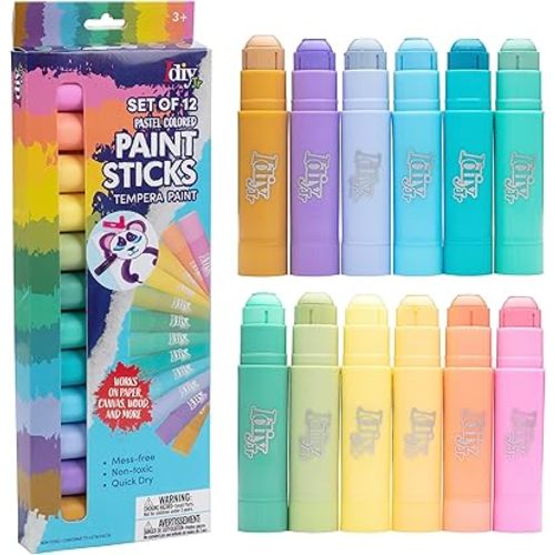 Tempera Paint Sticks (12 pack Pastel Colors)-Classroom Back to School Supplies, Summer Camp Arts & Crafts Projects, Draw & Paint on Wood, Paper, Ceramic, Canvas! Quick Dry, Non-Toxic, Mess Free