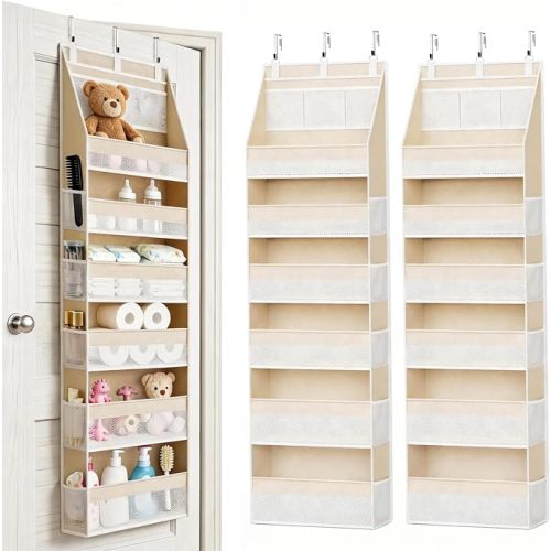 Over The Door Organizer, 6 Large Pockets + 13 Mesh Side Pockets, Hanging Storage, 55lbs Capacity, Heavy Duty Non-Woven Fabric for Baby Nursery, Bathroom, Pantry, Closet, Beige, 2 Pack