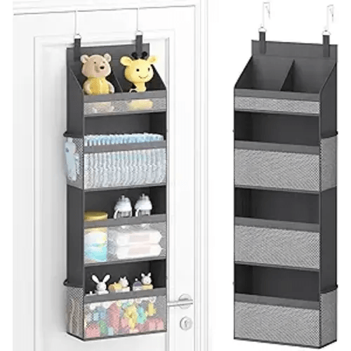 Lifewit 4 Tier Over the Door Diaper Organizer for Nursery, Large Heavy Duty Hanging Storage with 4 Mesh Side Pockets, Sturdy Back of Door Shelf for Baby Stuff Toy in Pantry, Laundry, Bathroom, Gray