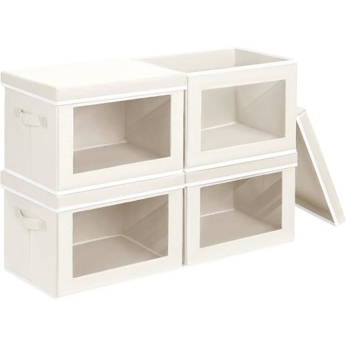 Storage Bins with Lids, 4 Pack Large Storage Cubes with Window, Closet Bins with Lids & Handles, Fabric Box for Organizing Clothes, Towels, Books, Beige