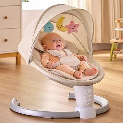 HARPPA Weddell Electric Baby Swing for Infants, 5-Point Harness, 5 Motion Levels, Remote & Touch Control, Built-in Melodies, Portable Baby Swing for Indoor Use, Light Khaki
