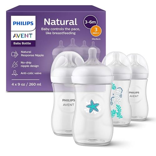 Philips Avent Natural Baby Bottles with Natural Response Nipples (Medium Flow, Flow 3), with Seahorse and Starfish Design, 9oz, 4-Pack, SCY903/68