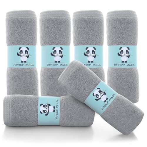 HIPHOP PANDA Baby Washcloths, Rayon Made from Bamboo - 2 Layer Ultra Soft Absorbent Newborn Bath Face Towel - Reusable Baby Wipes for Delicate Skin - Grey, 6 Pack