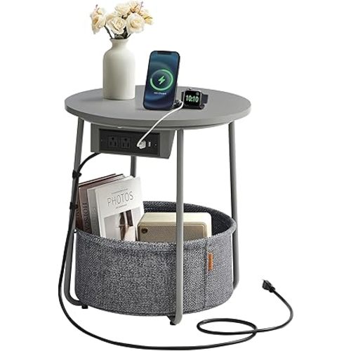 VASAGLE LILEA Collection - Side Table with Charging Station, Round End Table with Fabric Basket, Nightstand with USB Ports, for Living Room, Bedroom, Modern, Dove Gray and Slate Gray ULET228G01