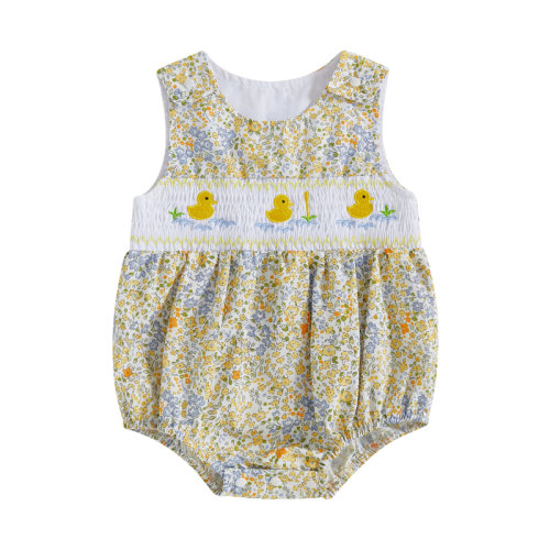 Infant Baby Girl Duck Embroidery Romper Infant Smocked Sleeveless Round Neck Sweet Floral Jumpsuit 0-18 Months - TikTok Shop