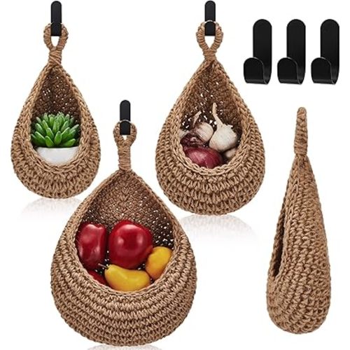 Honeydak Hanging Wall Basket Teardrop Hanging Baskets Onion Basket Coat Bohemian Storage Fruit Wall Hooks for Kitchen Wall Home Restaurant Storage Vegetable, 3 Sizes(Linen)