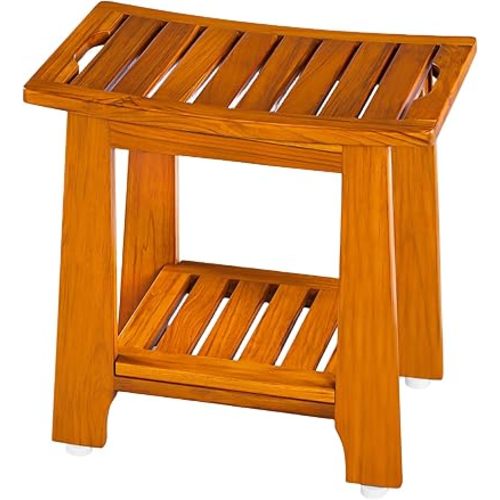 14" Compact Teak Shower Stool with Shelf & Handle - Waterproof, Non-Slip Bath Bench for Small Bathrooms/Outdoor Use, 300 lbs Capacity (Patented)