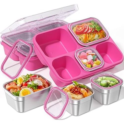 Snackle Box Containers, Stainless Steel 5 Compartments Divided Serving Tray with Lid, Removable LeakProof Portable Bento Box for Fruit Candy Nuts Food - School, Picnic and Travel（Pink）