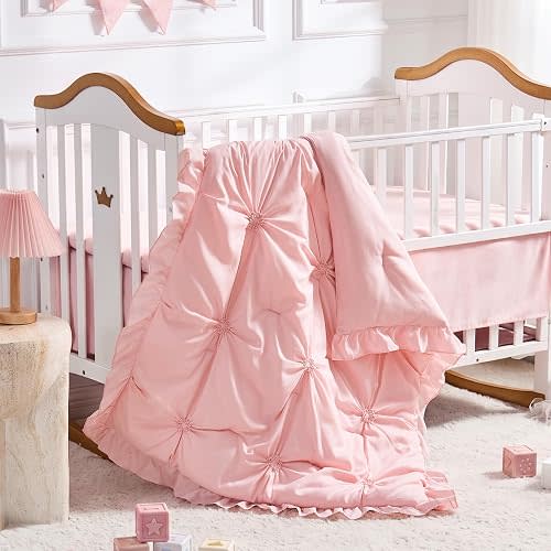 Princess Crib Bedding Set for Girls, 3 Piece Ruffles Jacquard Embroidery Baby Girl Crib Bedding Set Newborn, Infant & Nursery with Quilted Comforter, Crib Fitted Sheet and Crib Skirt, Pink