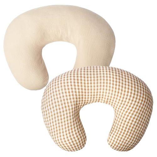 FUNUPUP Muslin Nursing Pillow Cover Compatible with Boppy Nursing Pillow, Soft Baby Nursing Covers for Breastfeeding Pillows for Boys Girls, only Cover, Beige&Plaid