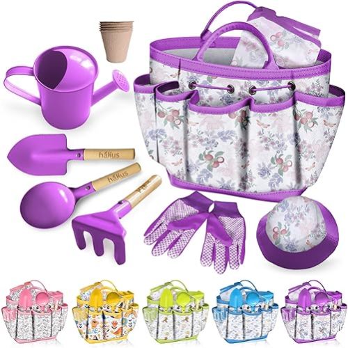 Kids Gardening Tool Set 18PCS Kids Toddler Gardening Set Includes Tote Bag Watering Can Apron Hat Rake Shovel Spoon Gloves Plant Pots and Labels, Outdoor Toys Gift for Boys Girls (Purple)