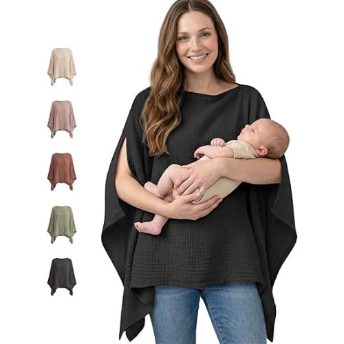 Konssy Muslin Nursing Cover for Breastfeeding, 360° Full Privacy Breathable 100% Cotton Breastfeeding Cover, Multi-use Carseat Canopy(Black)
