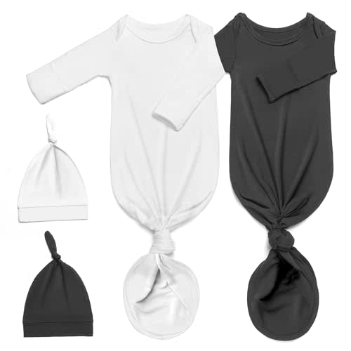 2Pk Newborn Knotted Gown Set, Soft Baby Sleep Sack & Hat, Boys Girls Clothes, Easy Diaper Change Baby Gift