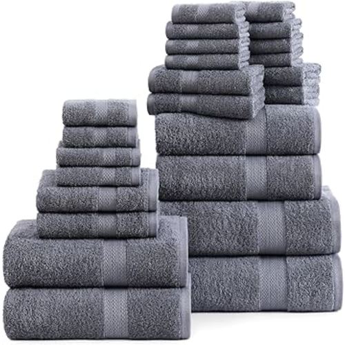 LANE LINEN 24 Piece Bath Towels Set - 100% Cotton Bathroom Towels, Absorbent Towels for Bathroom, 4 Large Bath Towels, 2 Bath Sheets, 6 Hand Towels, 8 Wash Cloths, 4 Fingertip Towels - Cool Grey