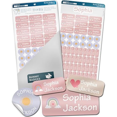 Personalized Daycare Name Labels for Kids (130 Labels) - Custom Waterproof Name Stickers for Clothing Tags, Water Bottles, Lunch Boxes and School Supplies (Daydream)