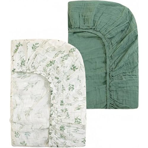 2 Pack Muslin Crib Sheets for Boys Girls 52"x28", Organic Cotton Fitted Baby Crib Sheet Soft and Breathable for Standard Crib Mattress & Toddler Mattress Bedding Set
