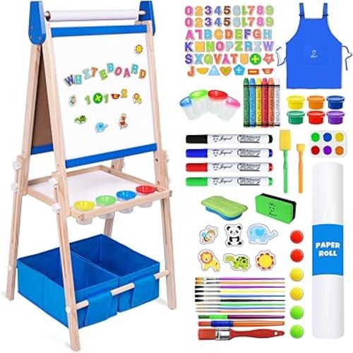Joyooss Art Easel for Kids Easel for Toddlers,Adjustable Standing Wooden Toddler Easels Magnetic Double Sided Drawing Whiteboard & Chalkboard,Art Easels for Kids Age 2-4 4-8 Gift Blue